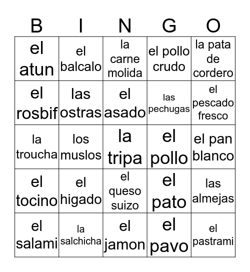 meat and poultry bingo Card