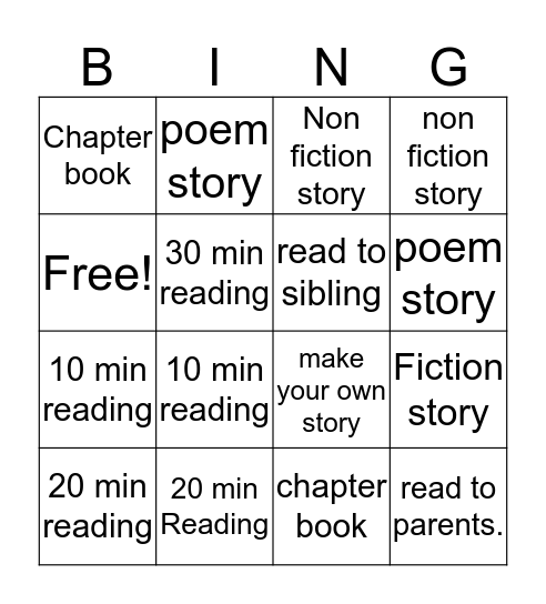 Reading Bingo Card