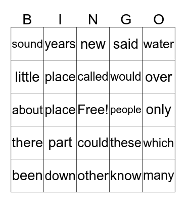 Fry Words Bingo Card