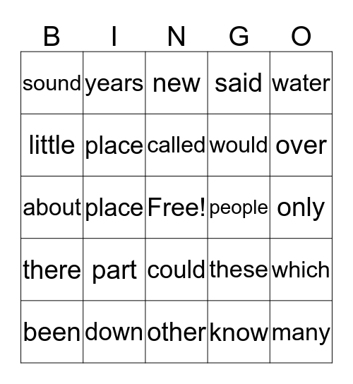 Fry Words Bingo Card