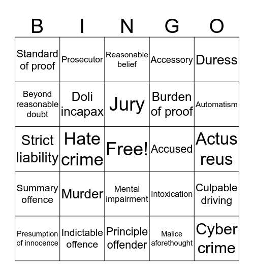 Criminal law bingo Card