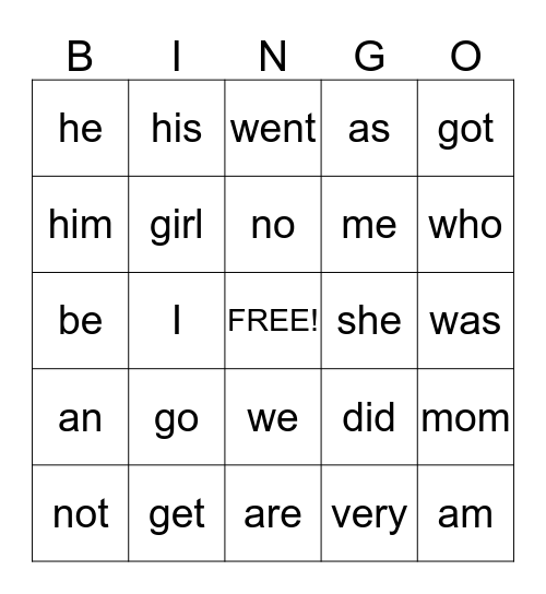 sight words Bingo Card