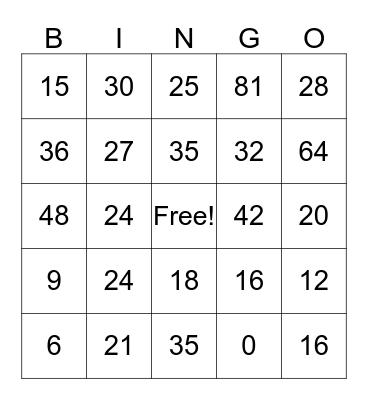 Multiplication Bingo Card