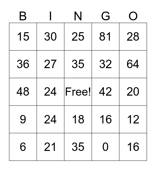 Multiplication Bingo Card