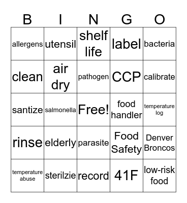 Food Safety Bingo Card