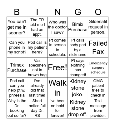 Suite's Bingo Card