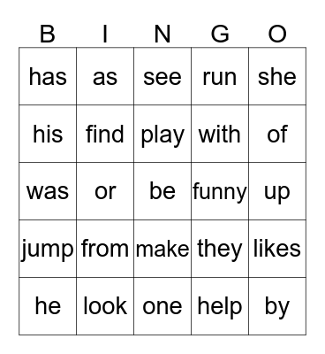 Sight Word Bingo Card