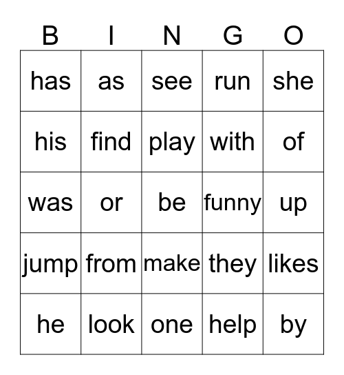 Sight Word Bingo Card