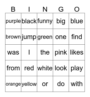 Sight Word Bingo Card