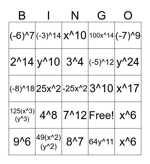 Products and Powers Bingo Card