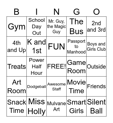 Boys and Girls Club Bingo Card