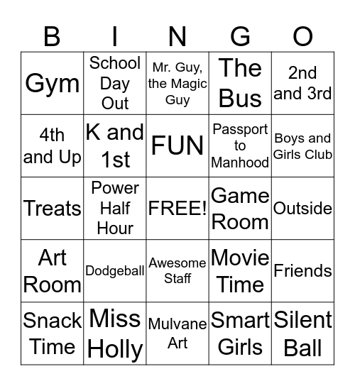 Boys and Girls Club Bingo Card