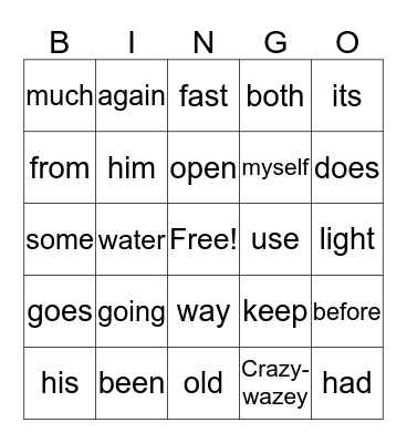 Sight Words Bingo Card