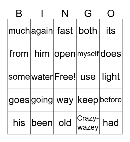 Sight Words Bingo Card