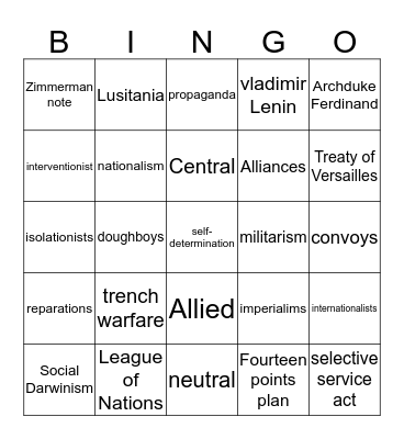 World War I Bingo Card
