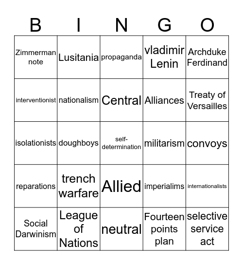 World War I Bingo Card