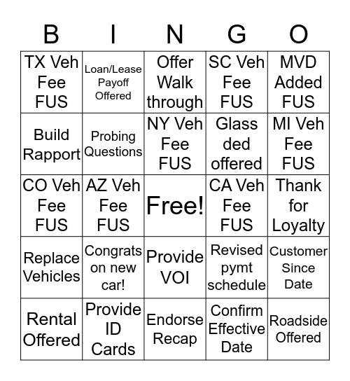 Vehicle Endorsements Bingo Card