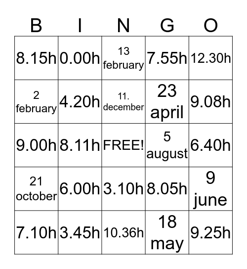 Time Bingo Card