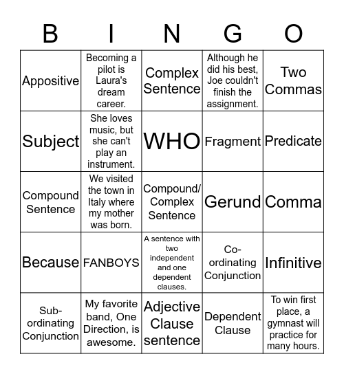 Sentence Review  Bingo Card