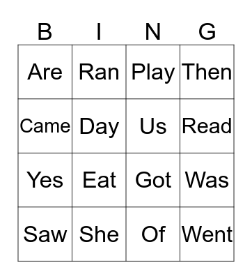 Sight Words Bingo Card