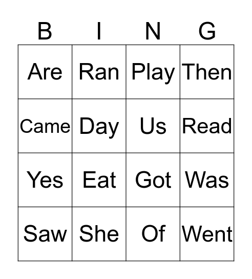 Sight Words Bingo Card