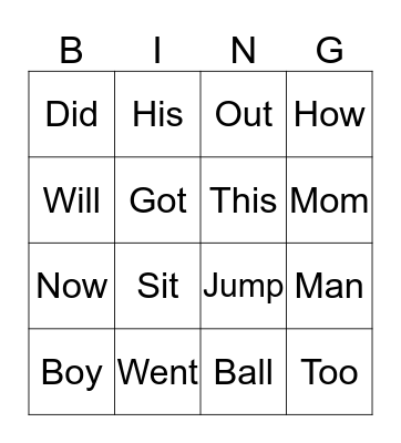 Sight Words Bingo Card