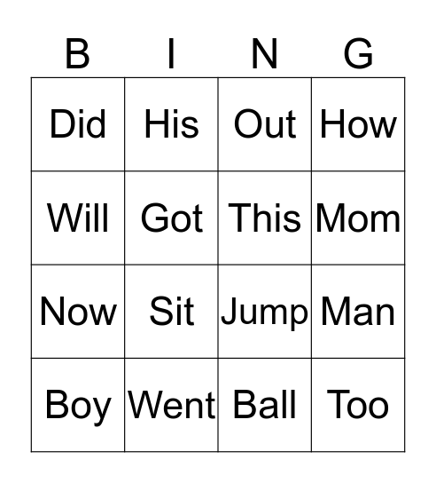 Sight Words Bingo Card