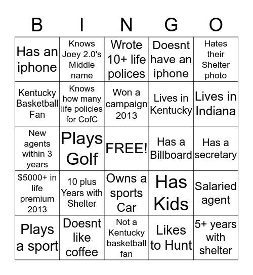 Shelter Bingo Card