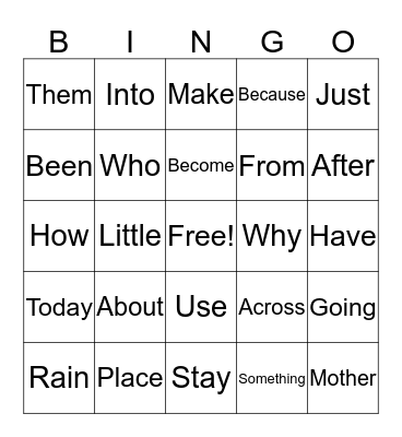 Sight Words Bingo Card