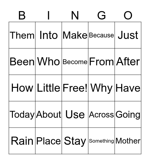 Sight Words Bingo Card