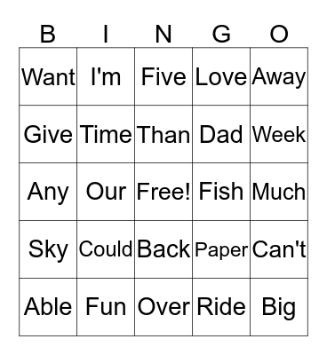 Sight Words Bingo Card