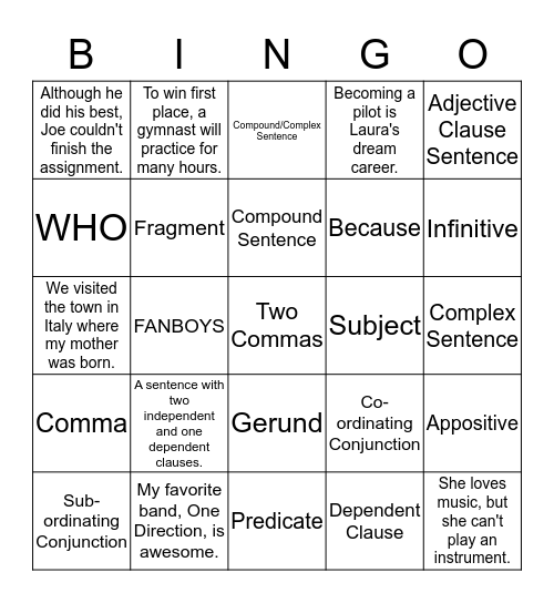 Sentence Review  Bingo Card