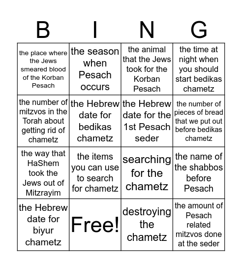 Pesach Bingo - Pre Pesach English matching terms Bingo Card