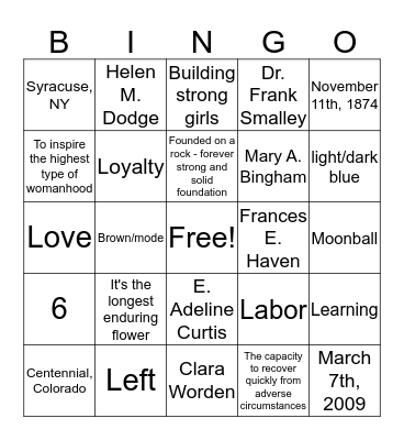 Gamma Phi Beta Bingo Card