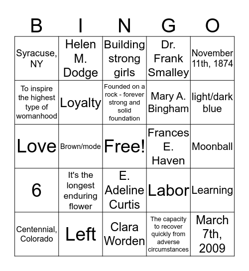 Gamma Phi Beta Bingo Card
