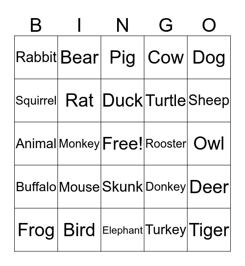 Animals Bingo Card