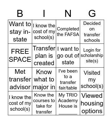 Transfer Planning  Bingo Card