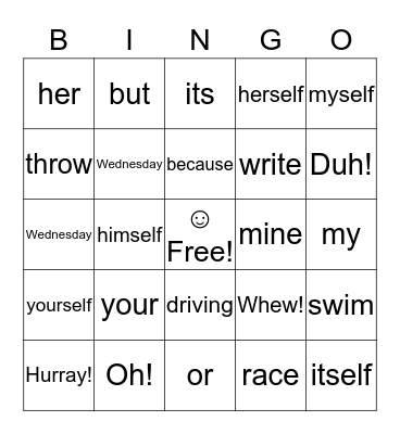 Jananai's Parts of Speech Bingo Card