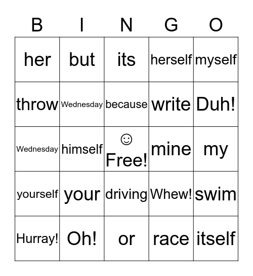 Jananai's Parts of Speech Bingo Card