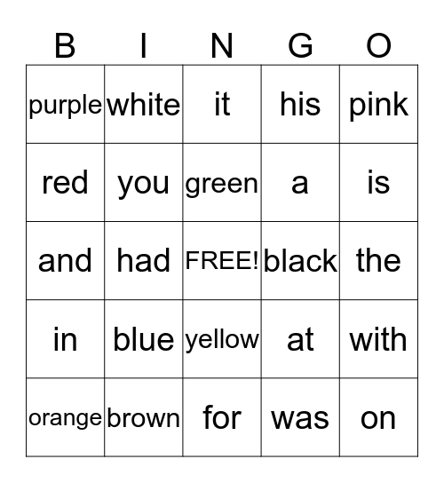 Color Word & Sight Word Bingo Card