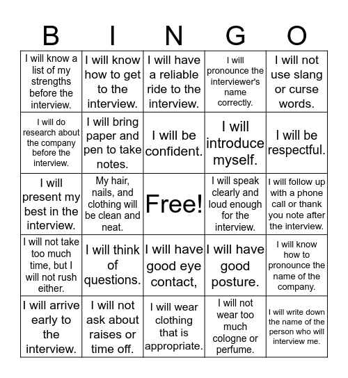 Job Interview Bingo Card