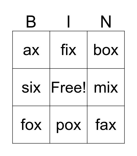 'x' words Bingo Card