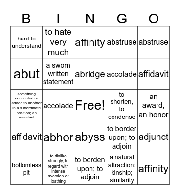 Words of the Day - Week 1 Bingo Card