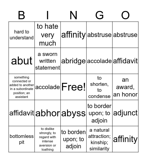 Words of the Day - Week 1 Bingo Card