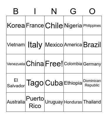 Country Bingo Card