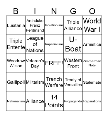 World War 1 Bingo Card