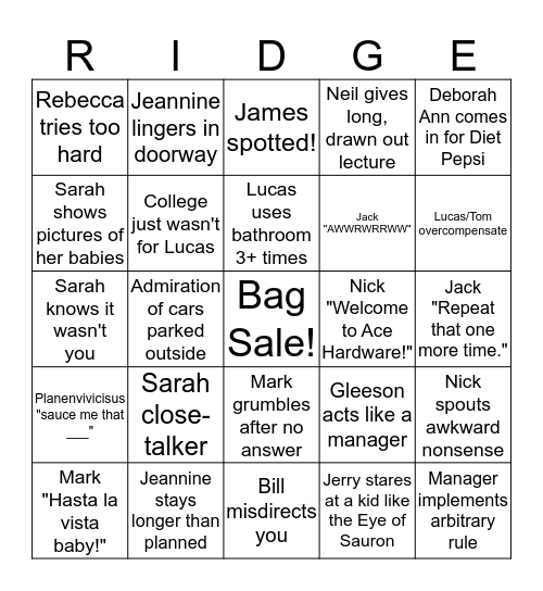 Ridgefield Hardware Bingo Card