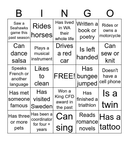 Find someone with a characteristic on your card & write their name down. Turn in your card when you have a BINGO for a chance at a prize! Bingo Card