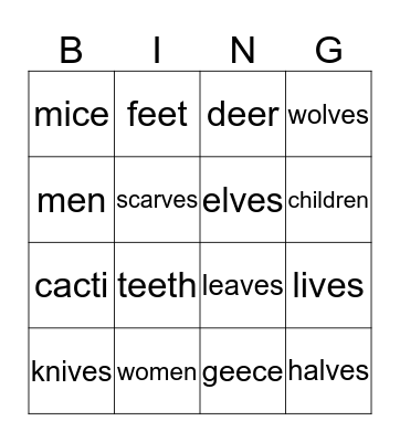 Irregular Plural Nouns Bingo Card