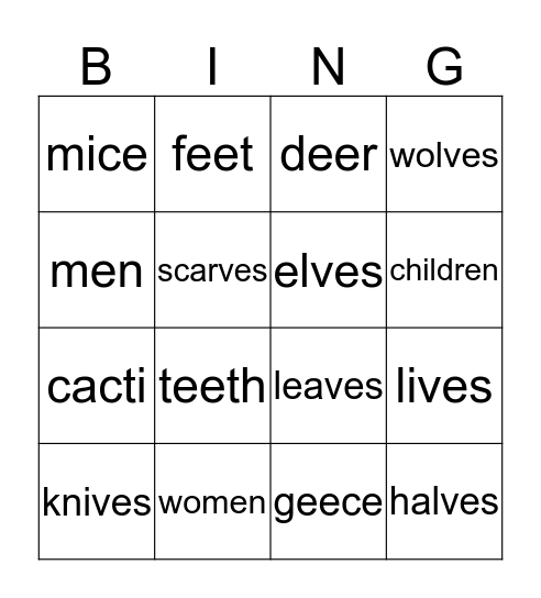 Irregular Plural Nouns Bingo Card